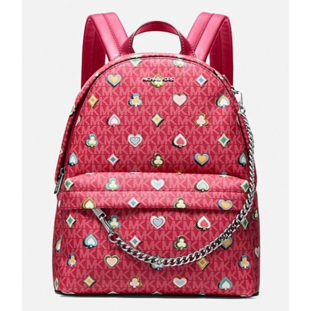 New Michael Kors Slater Medium Printed Signature Logo Backpack Dark Raspberry